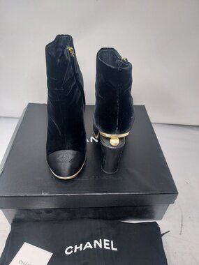 CHANEL Black CC Cap Toe Pearl Velvet Ankle Boot